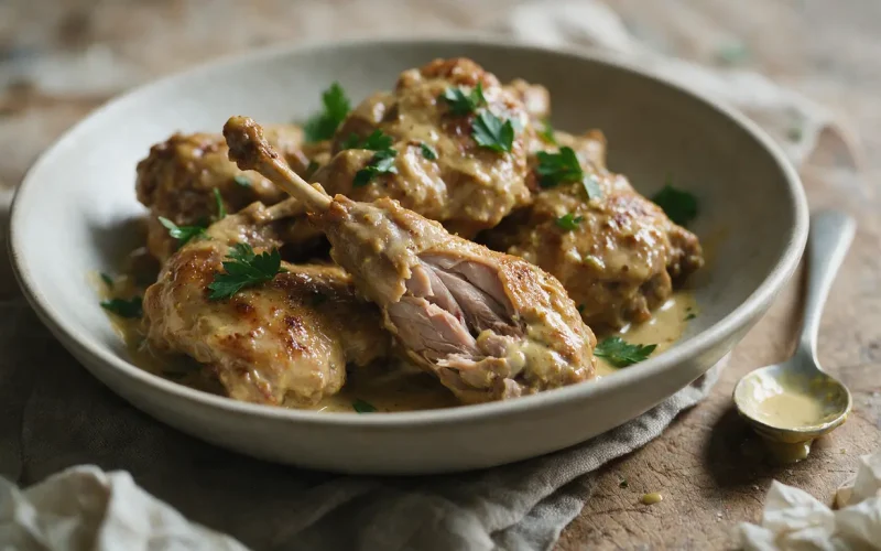 Lapin à la moutarde : je prépare ce plat mijoté en moins d&rsquo;une heure et la sauce est onctueuse à souhait
